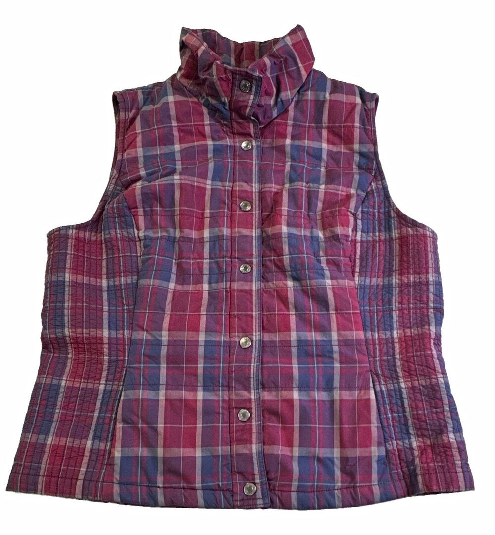 Bandolino Womens 2XL Burgundy Blue Plaid Quilted Puffer Vest Button Front